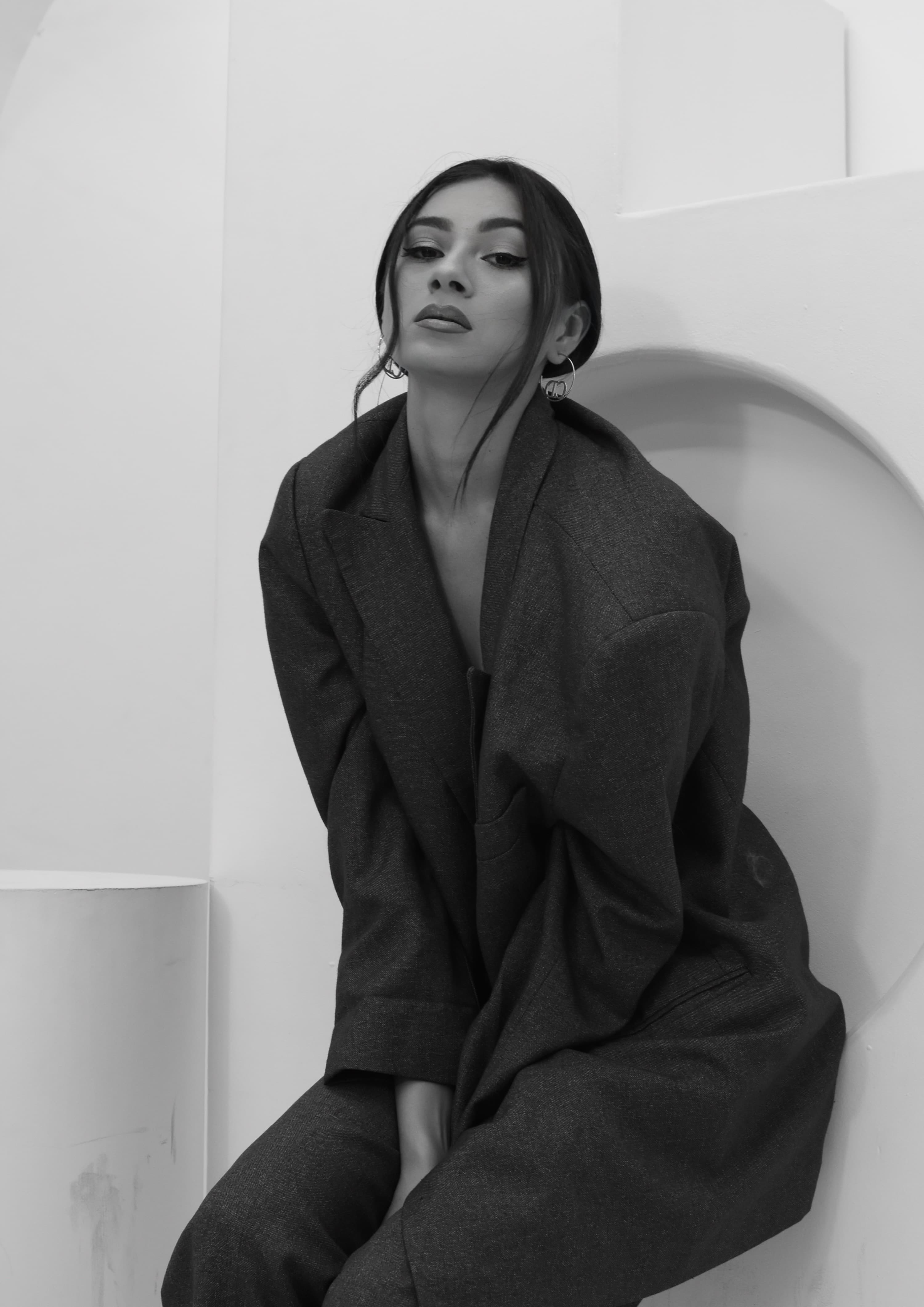 Julia Jones portrait in oversized tailored blazer